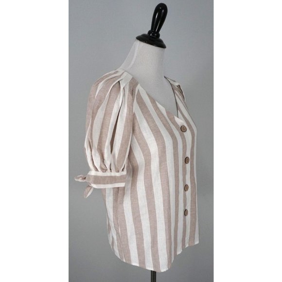 New LC Lauren Conrad Tan White Striped Pleated Ruffle Button Up Linen Top XS - Picture 3 of 8